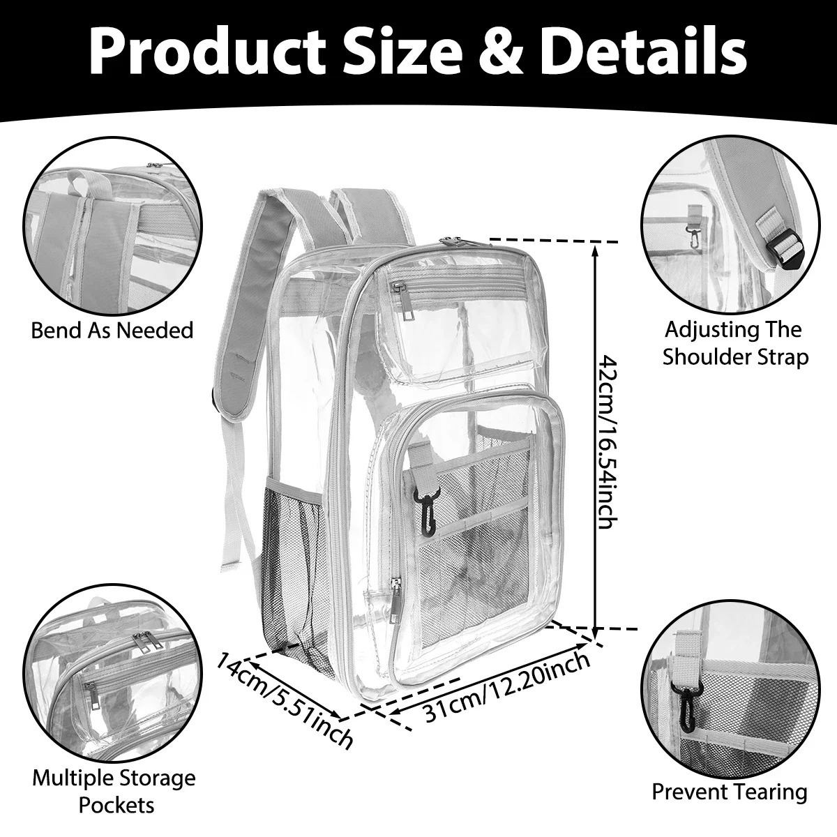 Fashion Clear Backpack Large Capacity School Bag with Multiple Pockets Heavy Duty PVC Transparent Travel Bag Comfortable Outdoor 241223