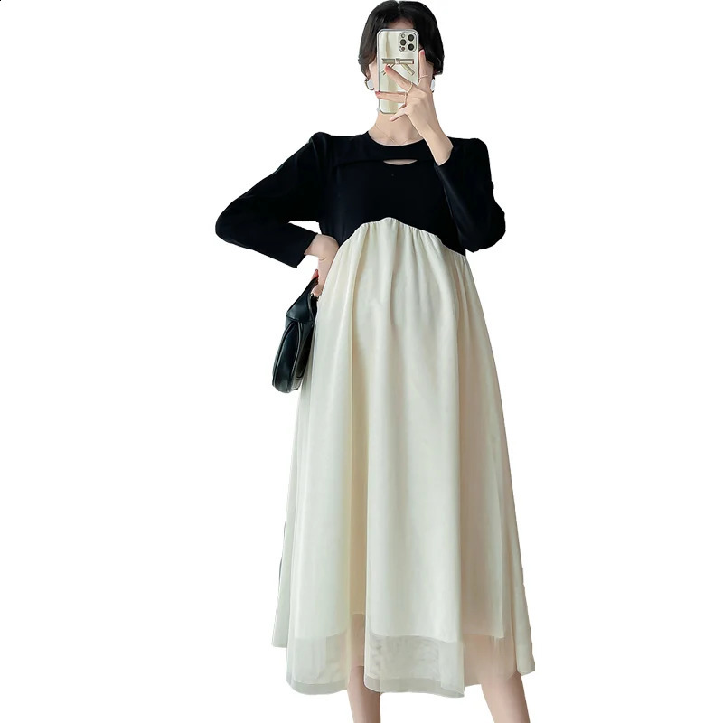 Fashion Maternity Autumn Chiffon Dress Ruffles Patchwork High Waist Block Color Pregnant Woman Chiffon Dress Princess Clothes 241223