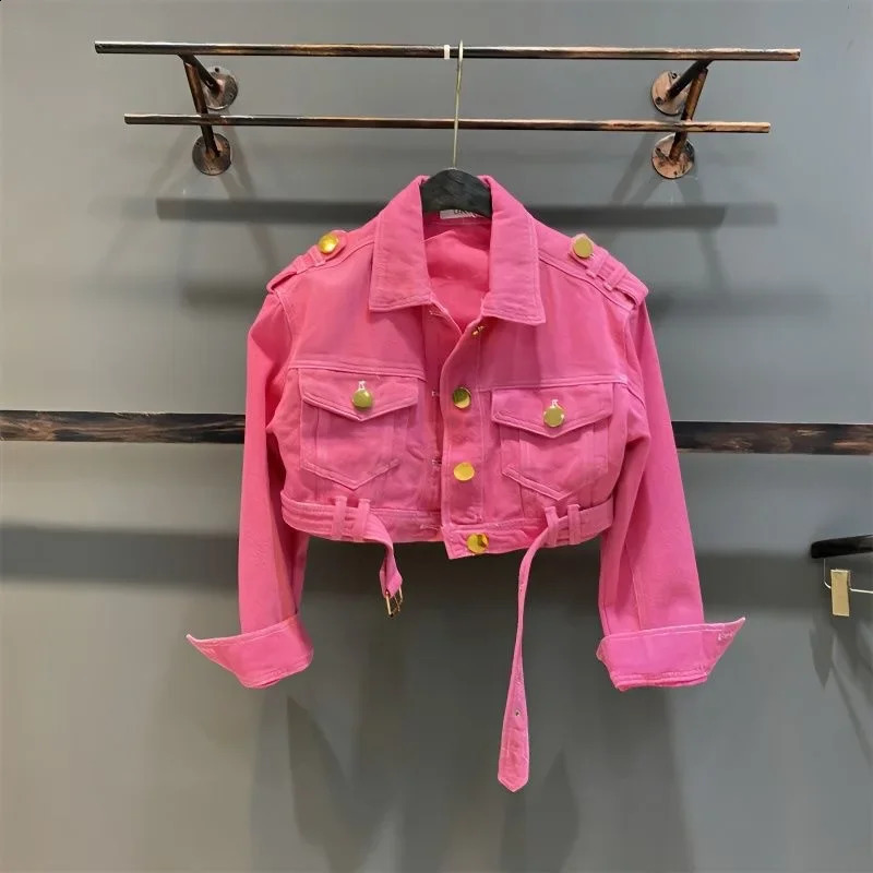 2-15 pink kids baby girls Jean jacket autumn solid color lapel metal button children fashion teenages girl short coat clothes 241223