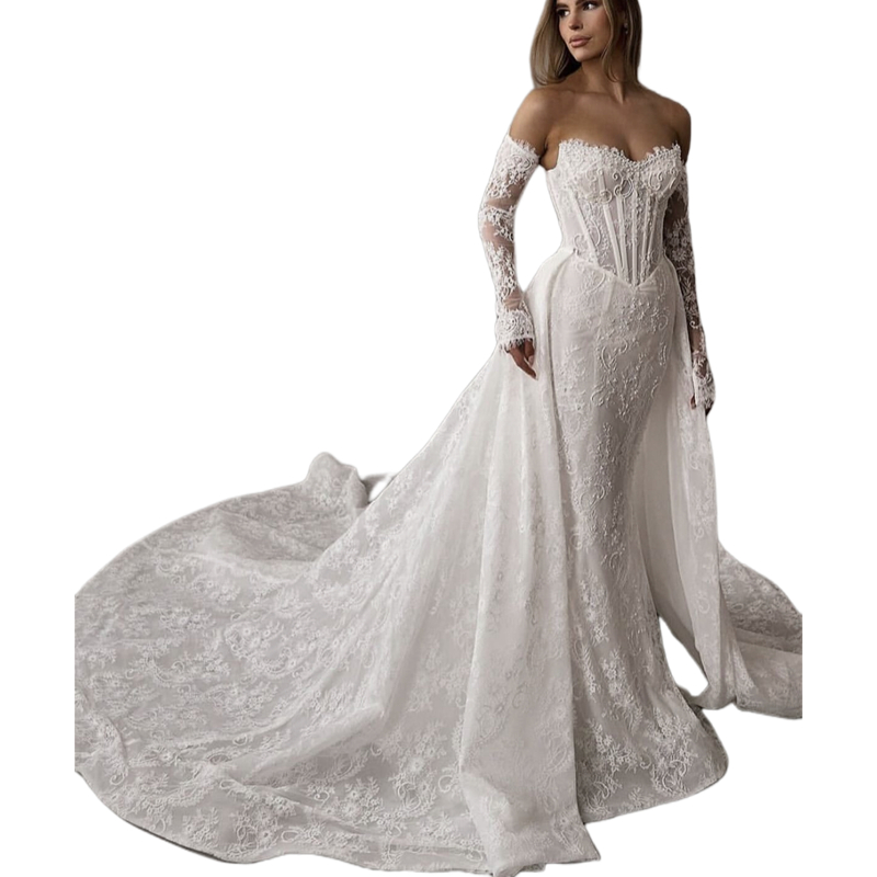 2025 Full Lace Boho Mermaid Wedding Dresses With Detachable Train Corset Strapless Long Bridal Gowns Romoveable Sleeves Ivory Vestido De Novia Back La
