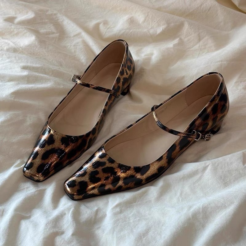 Sheepskin Edition~Autumn New Square Head Leopard Pattern Strap Mary Jane Women's Thick Heel Leather Single Shoes Women