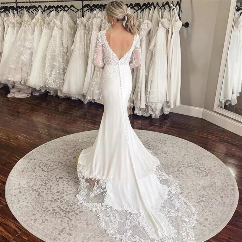 Exquisite Lace Mermaid Wedding Dresses With Train Elegant Long Sleeve Satin V Neck Country Garden Bridal Dress Gelinlik Robe De Mariage 2025 Vestio No