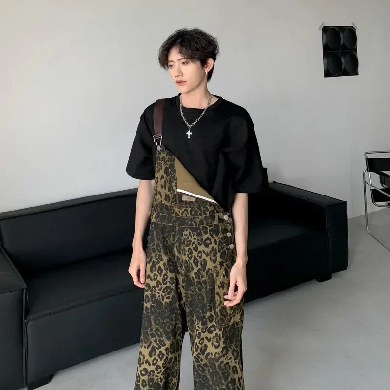 2024 American Style Vintage Loose-Fit Straight-Leg Workwear Sensibility Leopard Slipsbib Pants High Street Trendy Jeans For Men 241223
