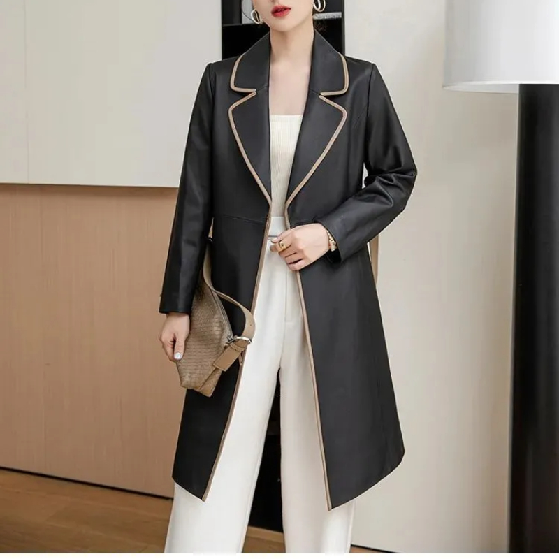 Autumn Winter Womens Sheepskin Long Coat Lace Up Windbreaker Genuine Leather Coat Mid Length Overcoat