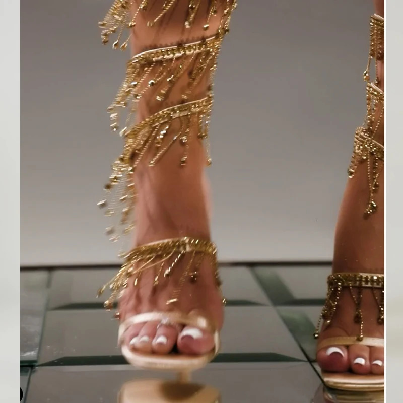 Eilyken Golden Crystal Womens Sandals Fashion String Bead Nightclub Stiletto Heel Wrap Strap Peep Toe Summer Shoes 241213