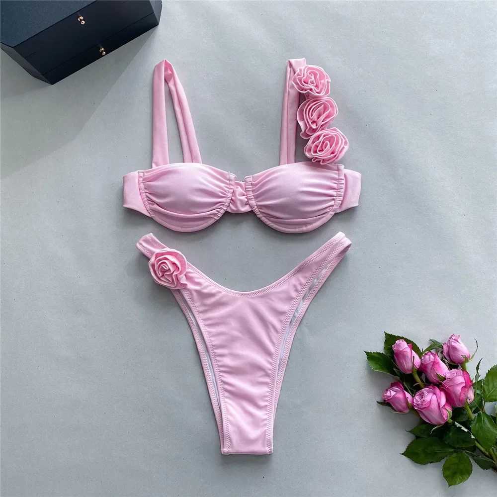 Sexy 3D Flower Rose Red Push Up Bikinis Sets Women Swimsuit 2024 High Leg Cut Swimwear Underwire Bathing Suit Micro Bikini MujerXJ241223