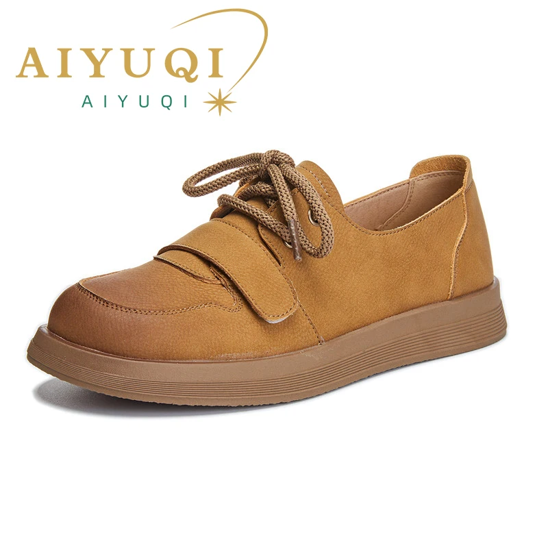 AIYUQI Women's Loafers Genuine Leather Spring Vintage Women Flats Lace-up British-style Casual Shoes Women