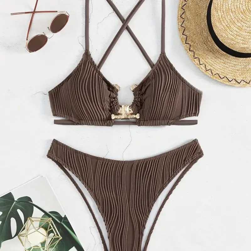 2024 Sexy High Waist Solid Bikini Push Up Swimwear Women Swimsuit Female Two Pieces Beachwear Metal Accessories Bathing SuitsXJ241223