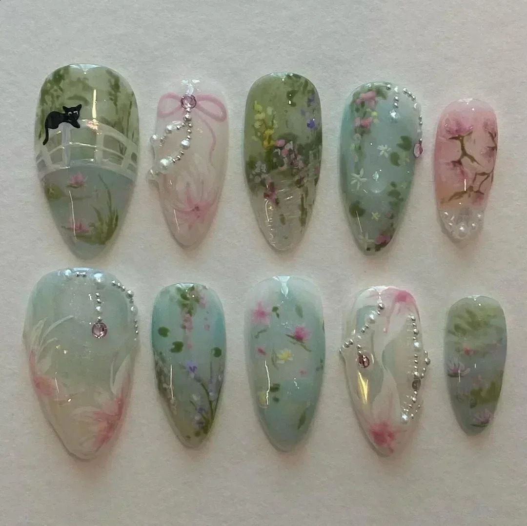 24Pcs Short Round Head Almond Fake Nails with Flowers Grass Pattern Wearable False Nails Tips Summer Full Cover Press on Nails 241223