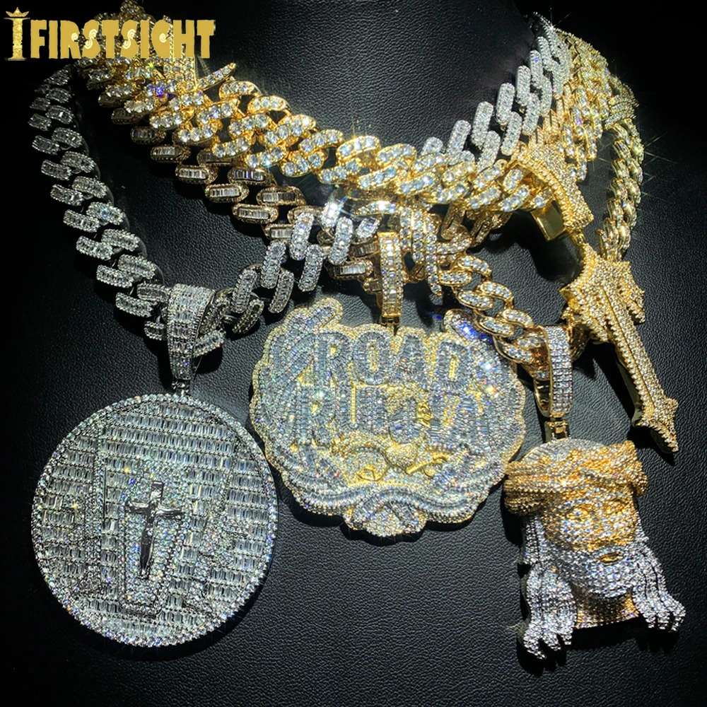CZ Letter Road Runna Pendant Necklace Iced Out Cubic Zirconia Badge Charm With 14MM Cuban Chain Men Hip Hop Jewelry 241220
