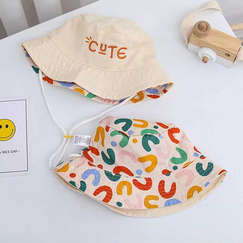 Caps Hats Double sided baby bucket hat with cute embroidered letters for children boys and girls fishermans spring summer outdoor childrens sun H24122