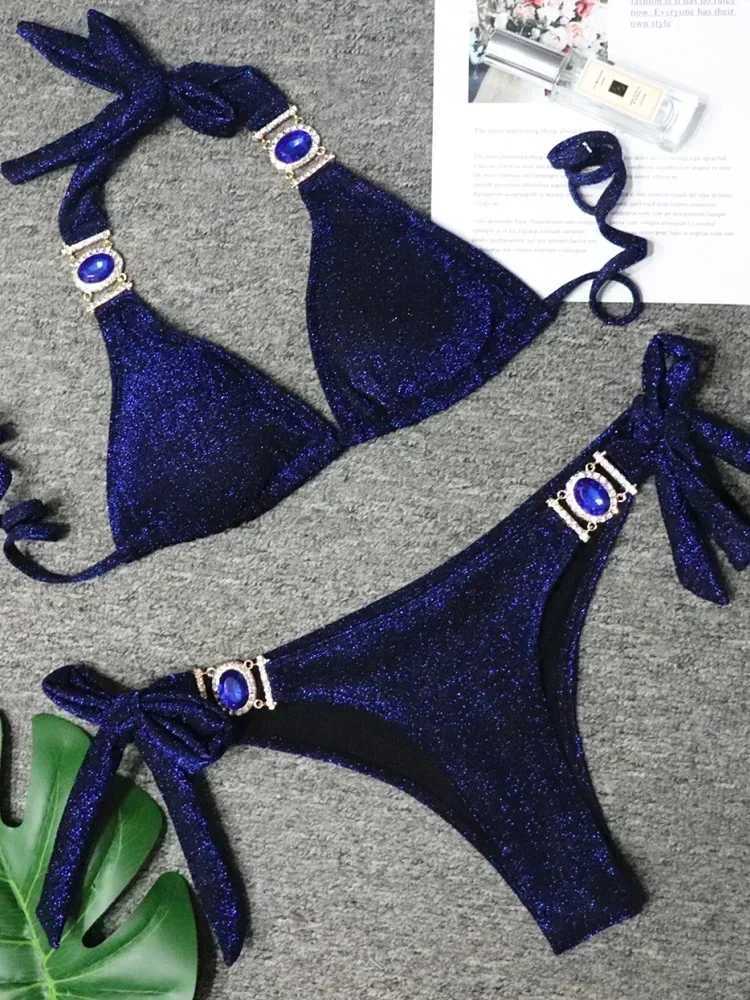 2025 Shiny Rhinestone Diamond Bikini Women Swimsuit Female Swimwear Two Pieces Bikini Set Halter Metal Chains Bathing Suit SwimXJ241223