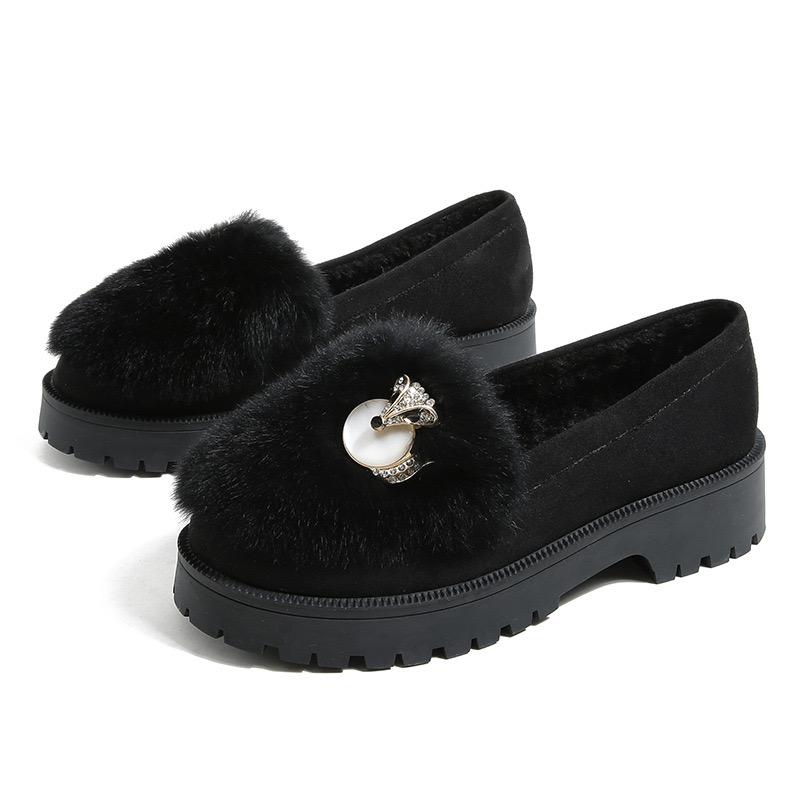 cozy rabbit fur flats 84ee8 rhie buckle plush moccasins crystal furry New loafers women winter cotton shoes ry