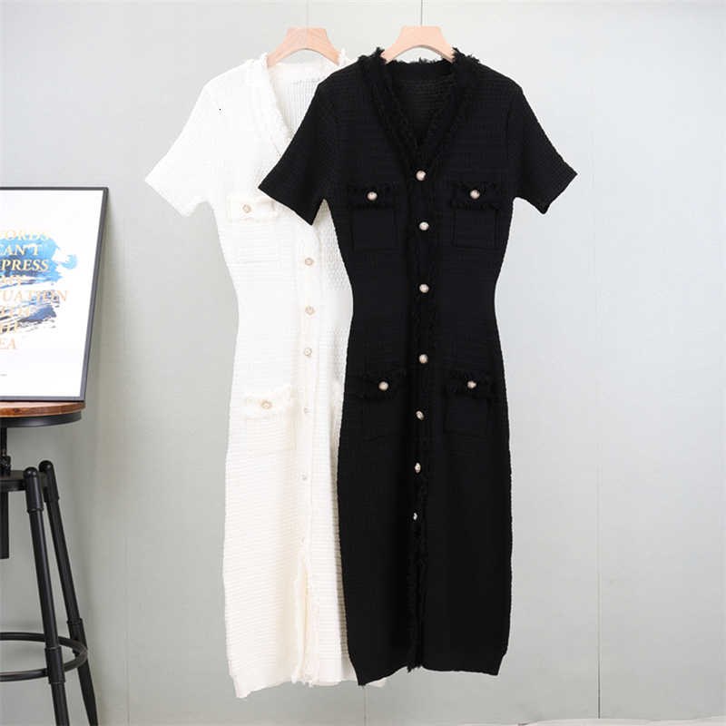 new Summer Korean Fashion Elegant For Women Short Sleeved Midi Dress Elastic Knitted Slim Party Dresses