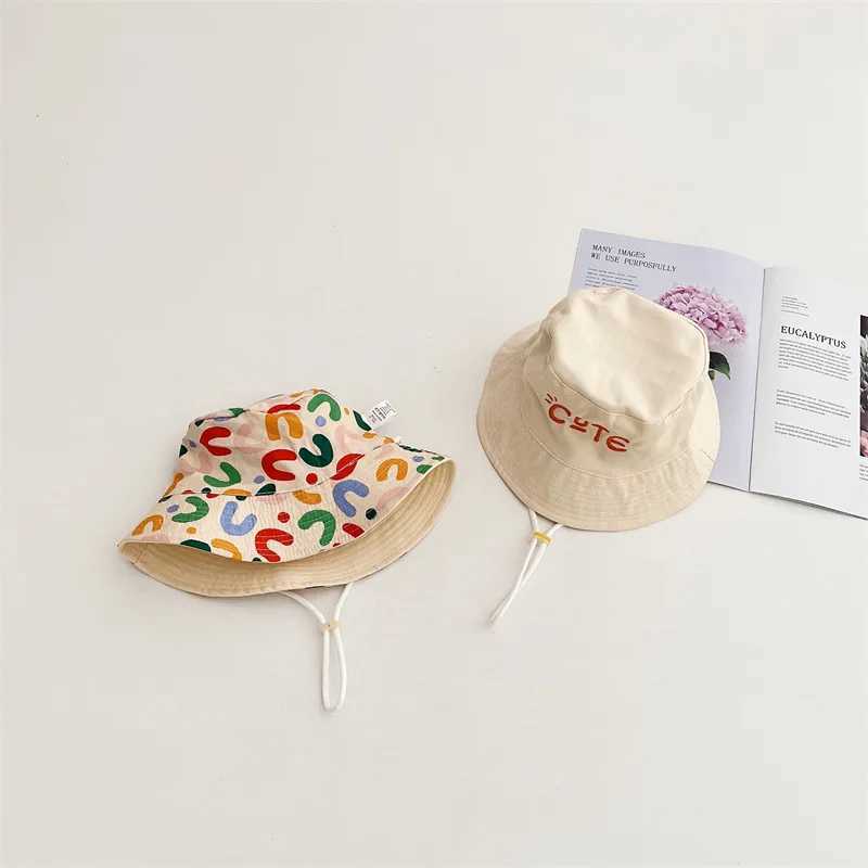 Caps Hats Double sided childrens bucket hat with cute letter string embroidered boy girl fisherman Panama summer outdoor sun cobra H241223