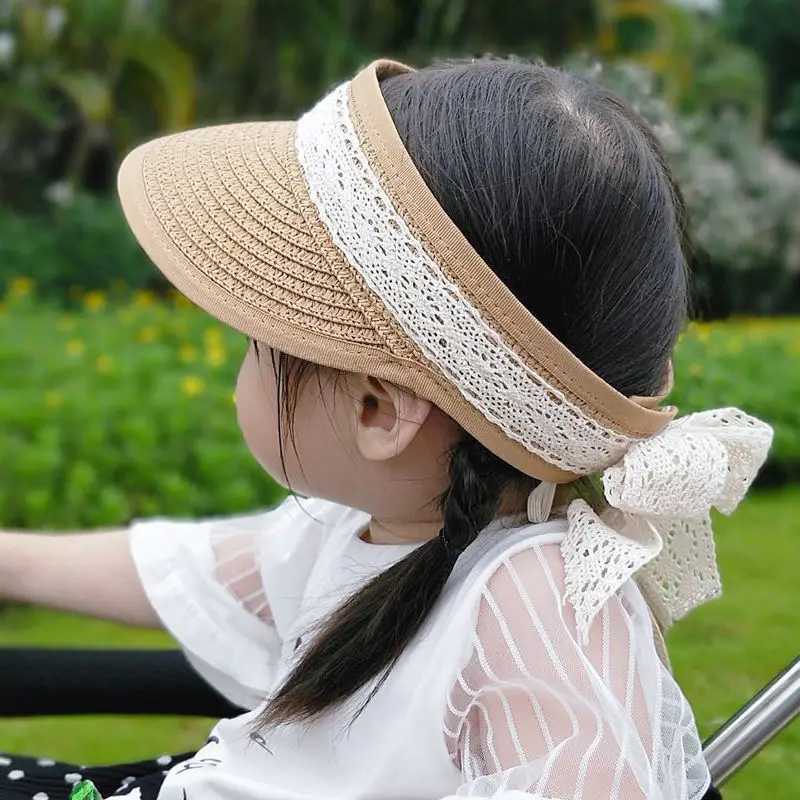 Caps Hats Summer childrens empty top sun hat wide Brim straw hat suitable for children and girls lace bow adjustable sun hat H241223