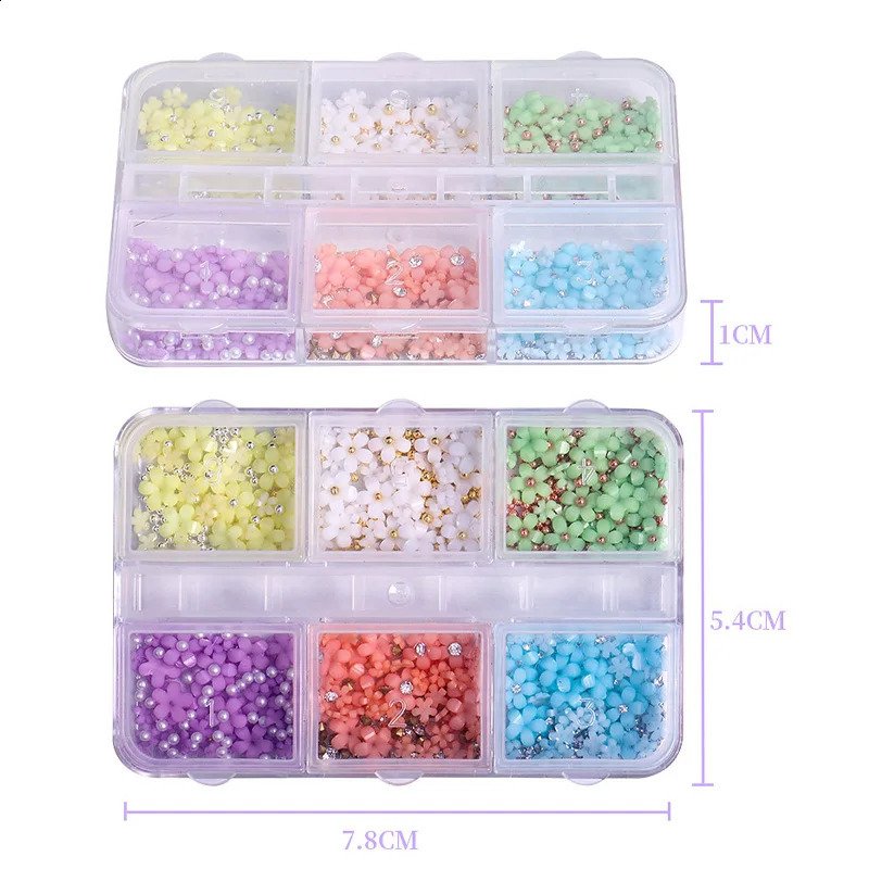 6 PCS color nail resin five-petal flower small steel ball mixed wearing nail decoration 241223