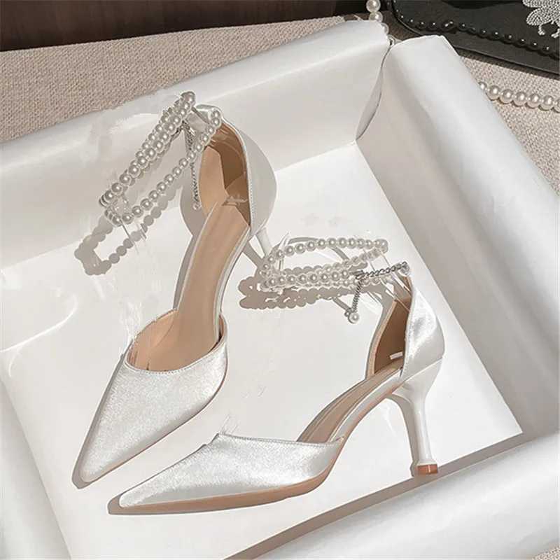 2024 Spring Women Wedding Shoes High Heels Brand Luxury Pearls Silk White Heels Ladies Sexy Pointed Toe Beading PumpsC241223