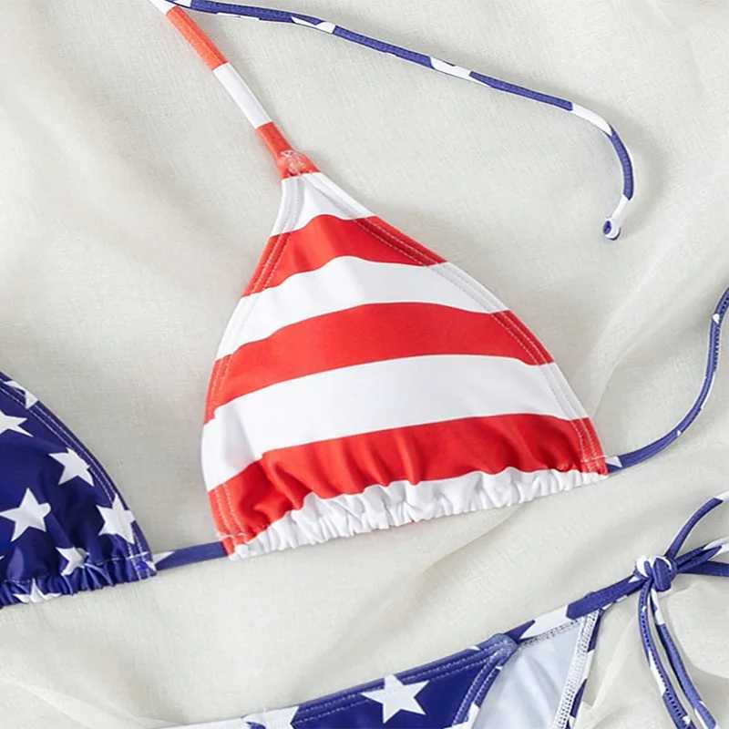 2 Pcs/Set Bikini Set Sexy Bikinis 2024 Lace-up Bikini Swimsuit Womens High Sense American Flag Print Beach Bikini Spa SwimsuitXJ241223