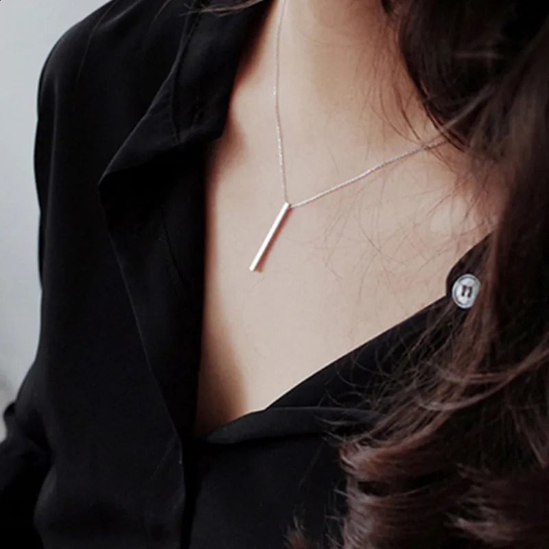 Real Sterling 925 Silver Rectangular Stick Necklace Woman Accessories Minimalist Friendship Pendants Necklaces Neck Jewelry 241220