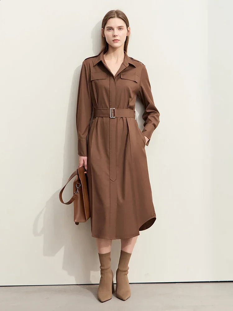 Amii Minimalism Shirt Dress For Women Autumn Military Style With Belt Tie Retro Fashion Long Womens Dresses 12443073 241218