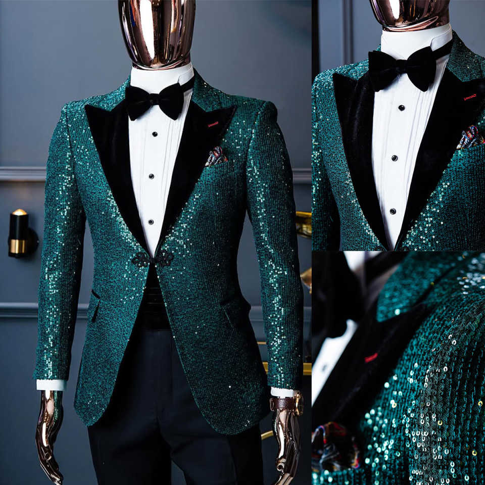 Bling Wedding Tuxedos Sequins 1 Piece Set Coat Peaked Lapel Men Suits Sparkly One Button Groom Wear Party Event Customized