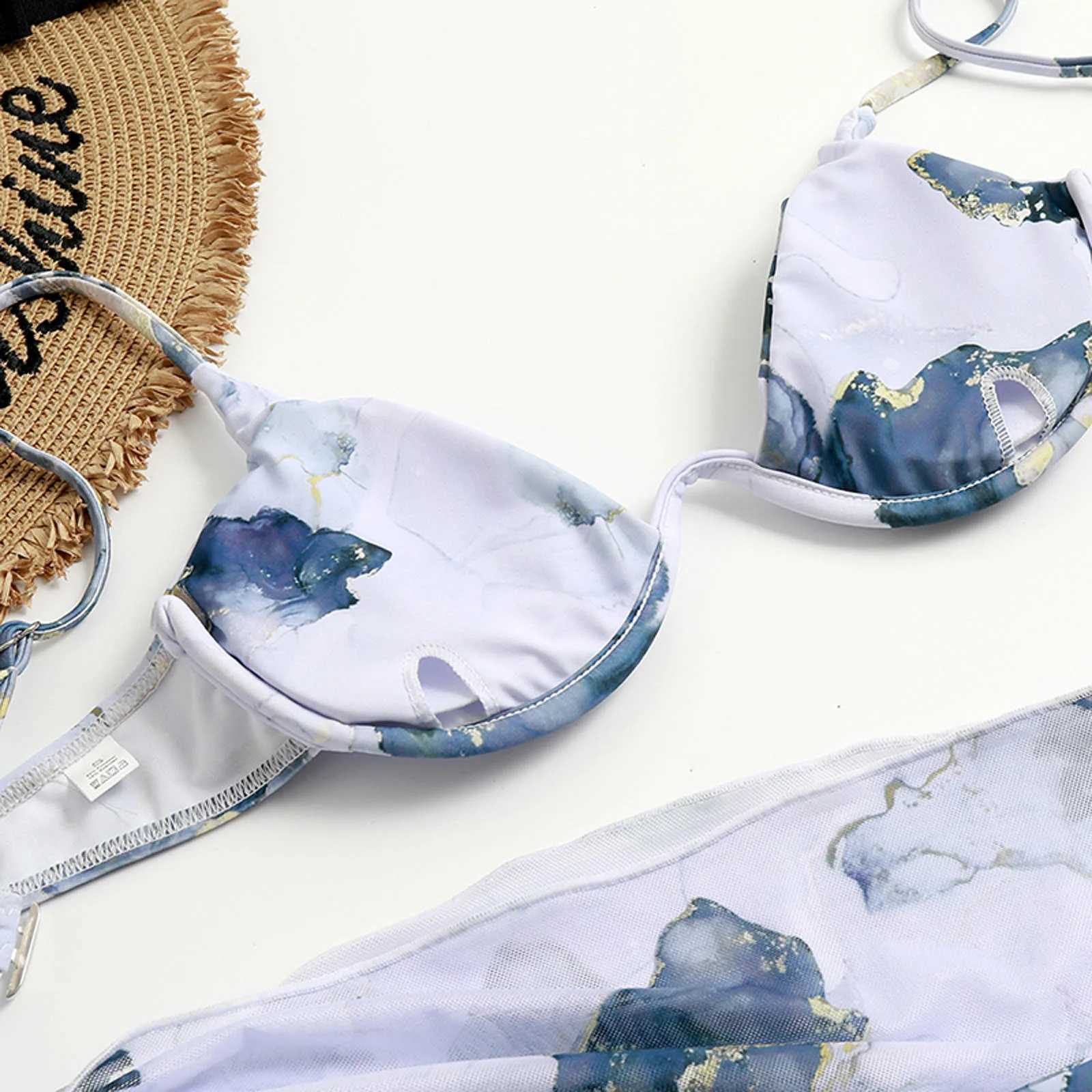 WomenS Swimsuits High Waisted Split WomenS Three-Piece Swimsuit Bikini Tie-Dye Printed Sexy -Tie Chiffon Swimwears XJ241223