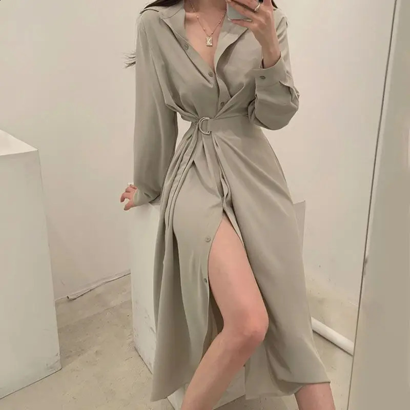 Elegant Spring and Autumn Polo Collar Single Breasted Lace Up Waist Slimming Long Sleeved Shirt Dress for Women 241218