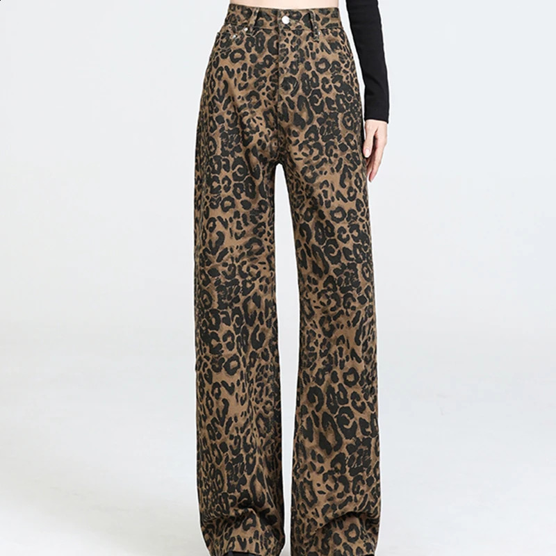 American Retro Women Leopard Jeans Baggy High Waist All Match Casual Button Up Denim Pants Female Fall Wide Leg 241218