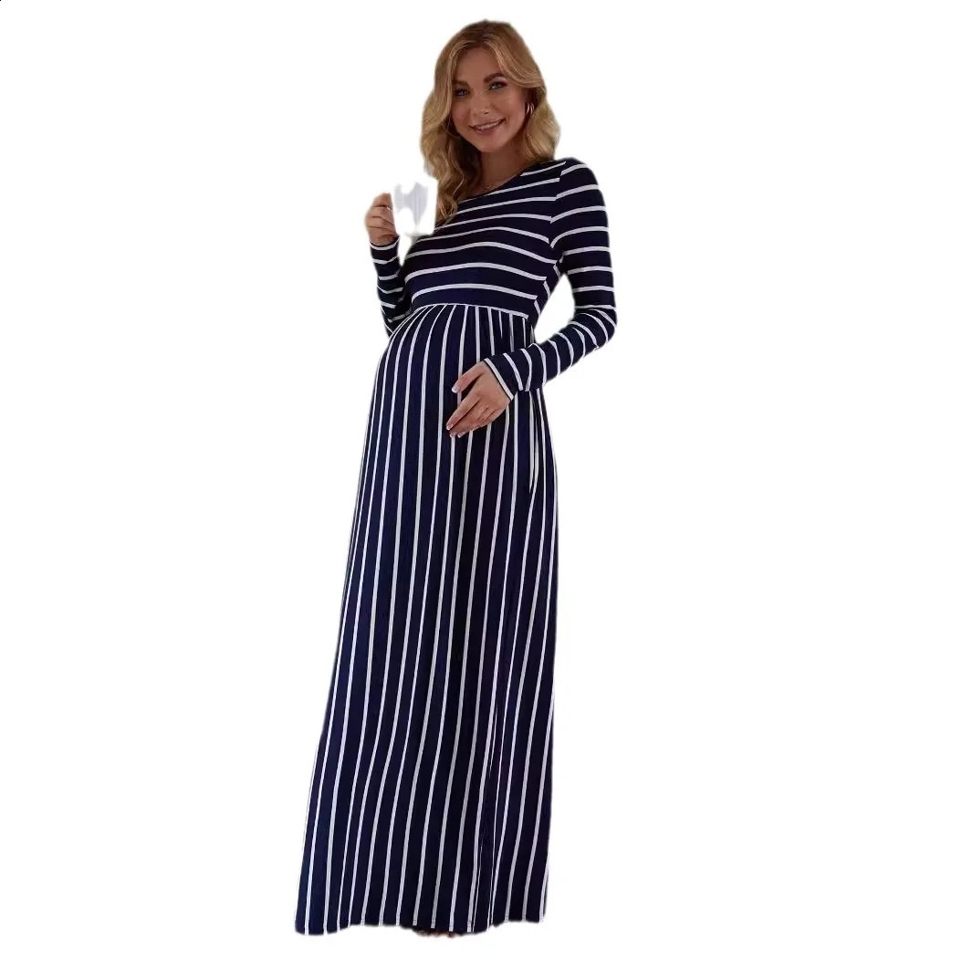 Clothes for Pregnant Women Maternity Dress Spring Autumn Striped Round Neck Long Sleeve Elegance Long Skirt Mom Casual Clothing 241223
