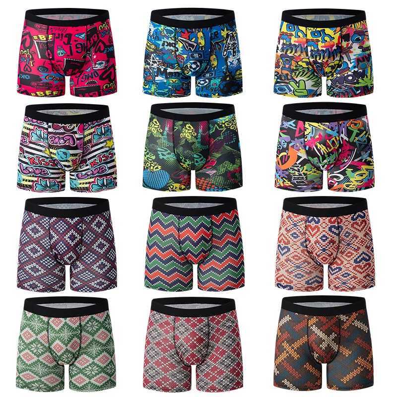 6-piece mens fashionable printed long boxer underwear comfortable plus size sexy shorts youth multi-color combination underwear W241223