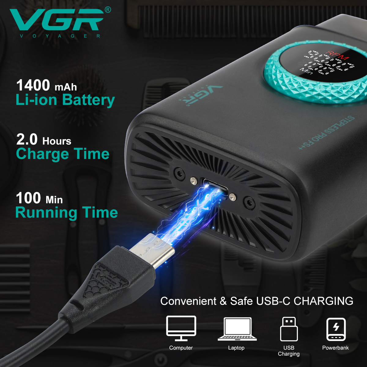 VGR Professional Trimmer Rechargeable Beard 9000 RPM Razor Electric Shaver LED Shaving Hine For Men V-377