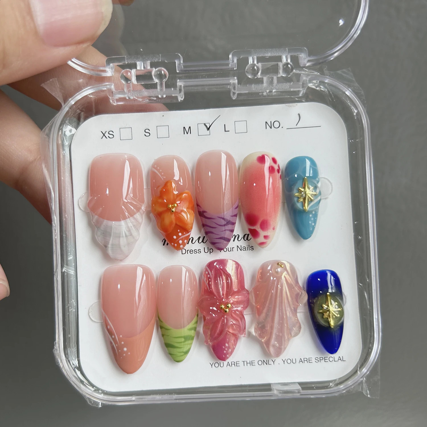 10Pcs Handmade Manicure Medium Almond Fake Nails Cute 3D Limited Nails Press On Nails with Adhesive Nail File Set 241223