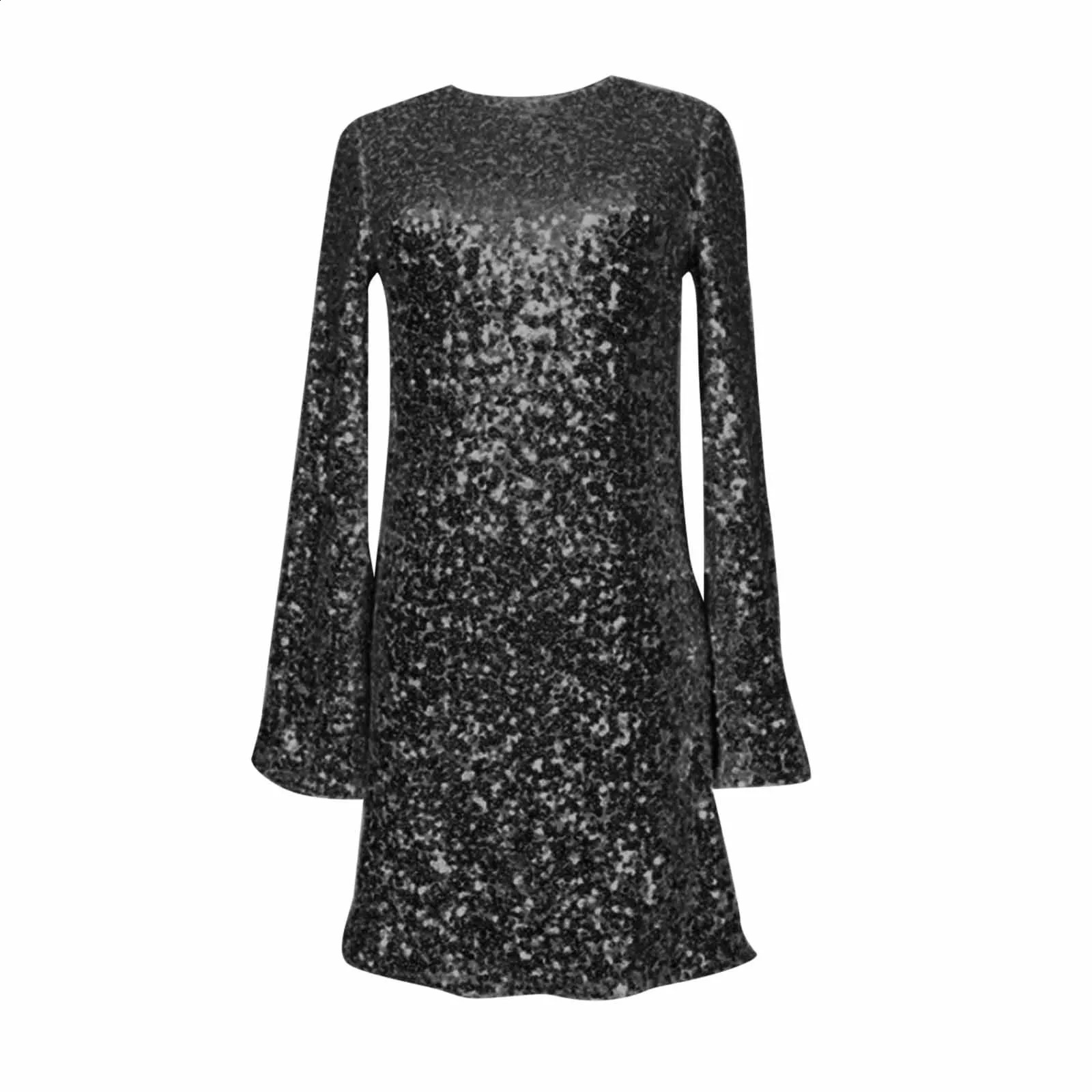 Elegant Sparkling Glitter Womens Long Sleeve Sparkling Hip Wrap Mini Dress Club Party Cocktail Tank Top 241223
