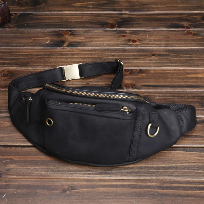 Crazy Horse Leather Men Baotou Layer Cowhide Mobile Phone Fanny Pack Large Capacity Sports Diagonal Chest Bag Mens Leather 241223