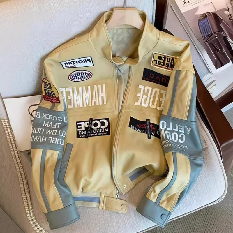High-End Feel Motorcycle Leather Embroidery Heavy Duty Baseball Uniform Men Autumn/Winter Loose-Fit Biker Jacket