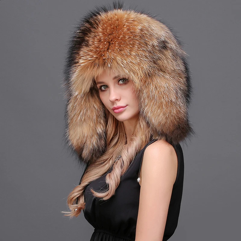 Womens winter hat with ear flaps 100% genuine fur Leifeng hat super warm hat with a luxurious raccoon fur top 241220