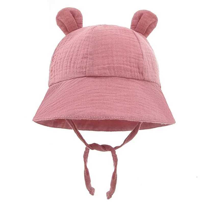 Caps Hats Spring and Autumn Solid Color Soft Baby Bucket Hat Cotton Fishermans Hat Childrens Summer Preschool Boys and Girls Panama Sun Hat H241223