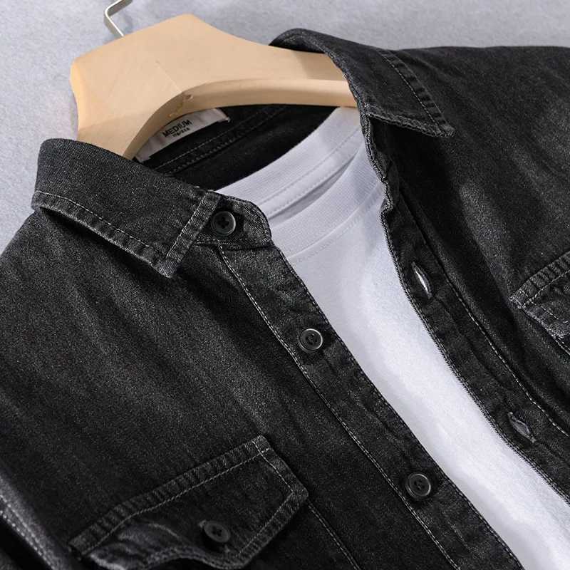 Black washed denim shirt mens clothing cotton casual clothing retro messy jeans top long sleeved cargo loose oversized fashion W241223
