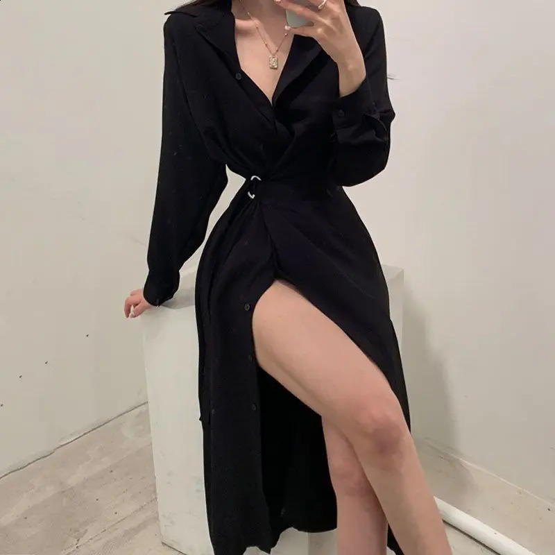 Elegant Spring and Autumn Polo Collar Single Breasted Lace Up Waist Slimming Long Sleeved Shirt Dress for Women 241218