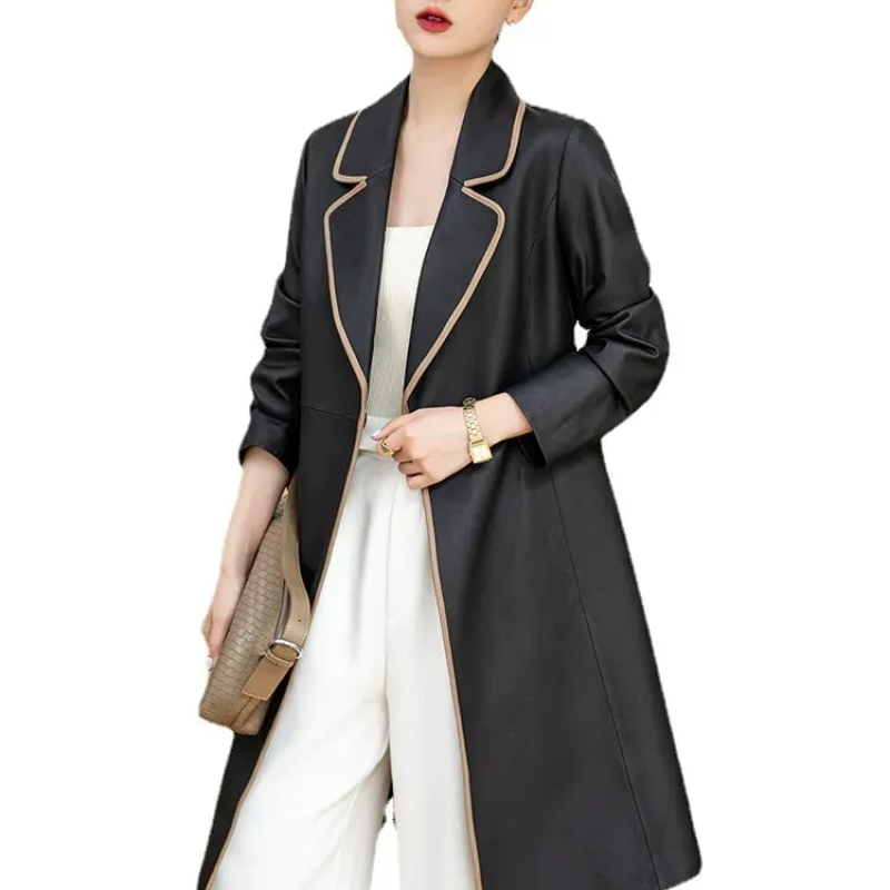 Autumn Winter Womens Sheepskin Long Coat Lace Up Windbreaker Genuine Leather Coat Mid Length Overcoat
