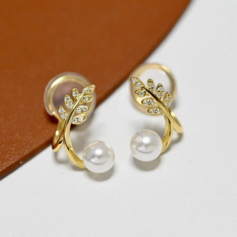MeiBaPJ 6.5-7mm Natural White Round Pearls Fashion Leaf Ear Clip 925 Silver Fine Wedding Jewelry for Women 241220