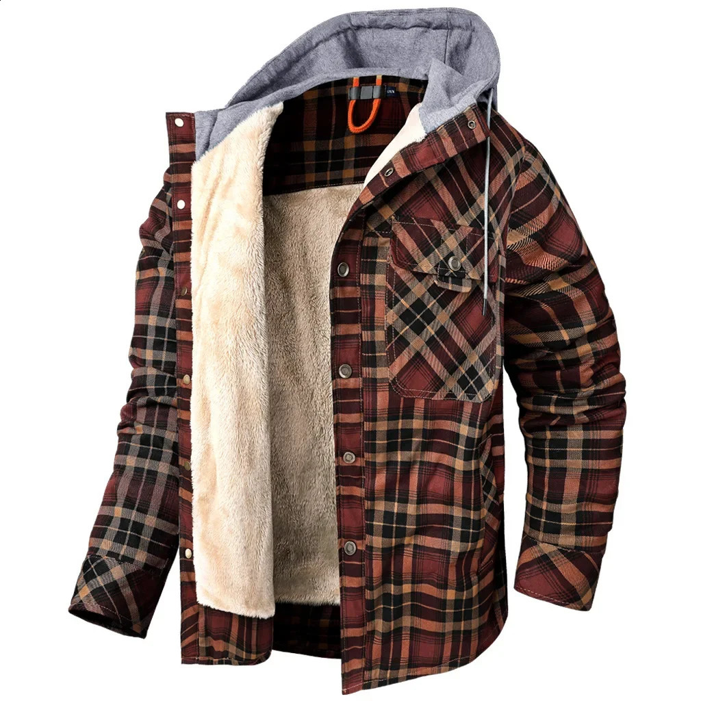 Winter Large Size Mens Shirt Jacket Cotton Coat Men Long-sleeved Plush Thickened Keep Warm Hooded Plaid Shirts US Size 2XL 241223