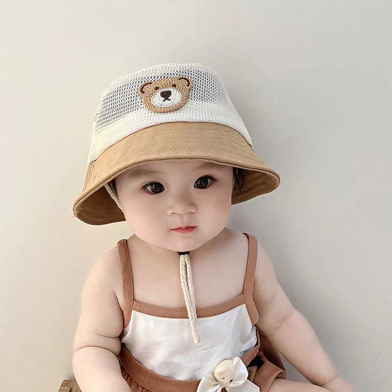 Caps Hats Baby Summer Bucket Hat Cute Bear Preschool Childrens Mesh Breathable Sun Hat Outdoor Beach Boys and Girls Panama Fishermans Hat H241223