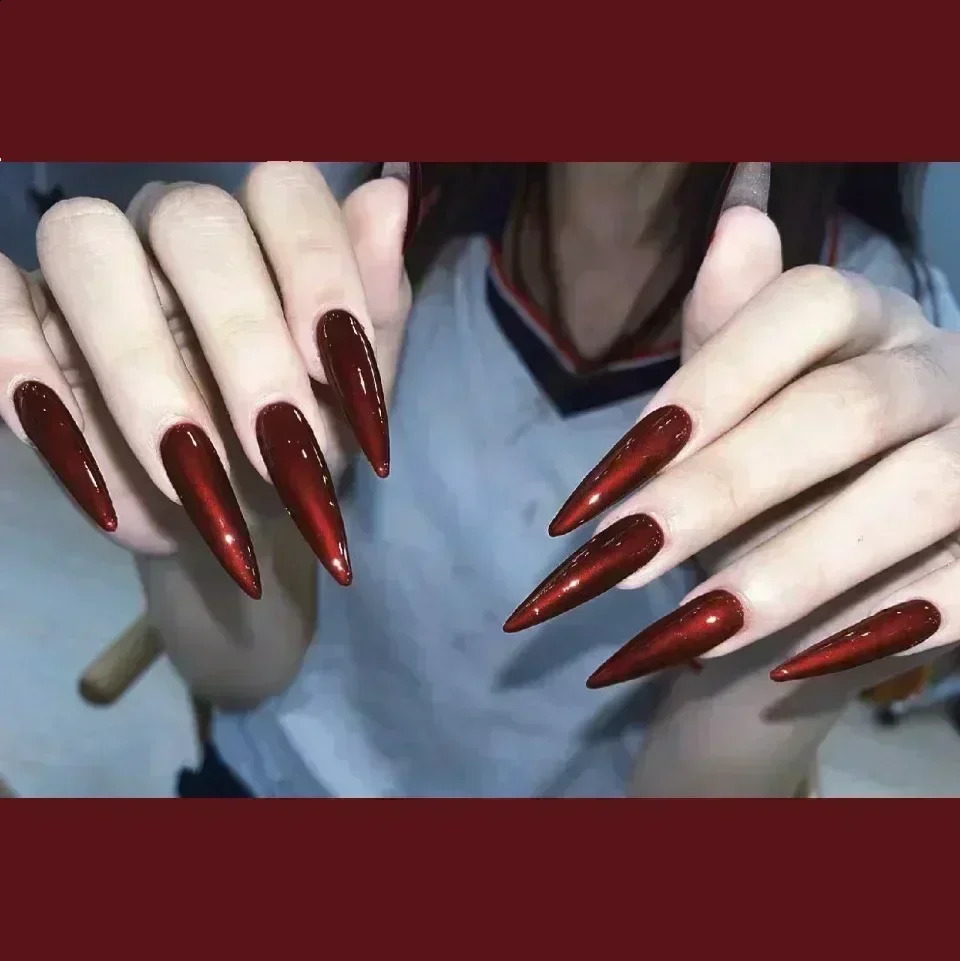 24pcsBox Long Stiletto False Nails with Glue Red Nude Pink White MilkTea Color Jelly Nails Tips Full Cover Press On Nails 241223