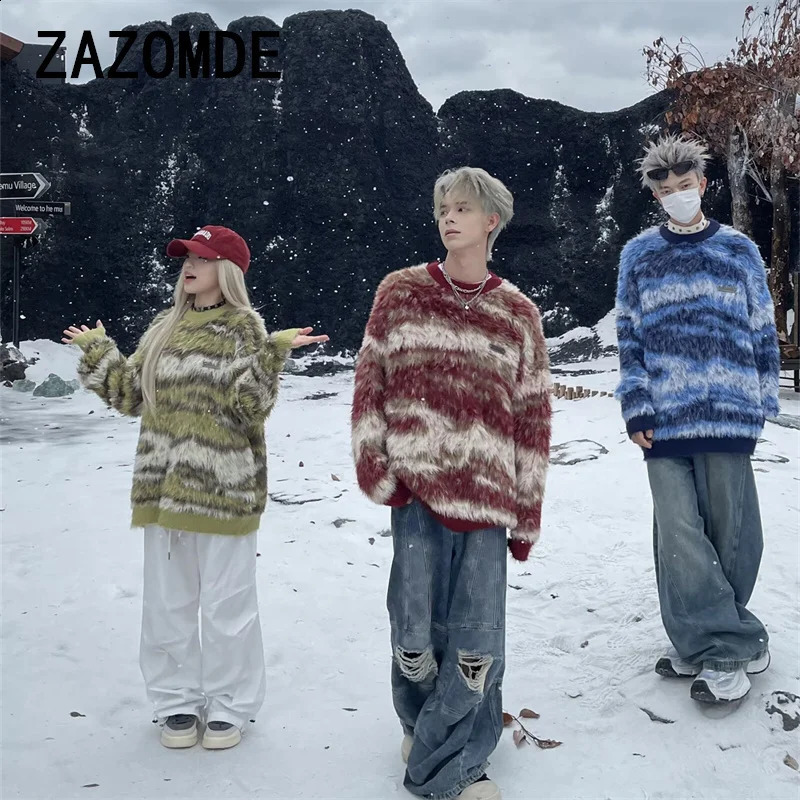 ZAZOMDE Striped American Style Street Knitted Sweaters Top For Men Women Trendy Casual Couple Knitwear Sweater Clothing Men 241223