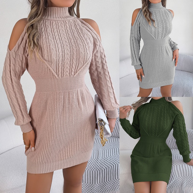 (44) Autumn and Winter Casual Off-shoulder Half-high Collar Lantern Sleeve Hip-wrapped Sweater Dress