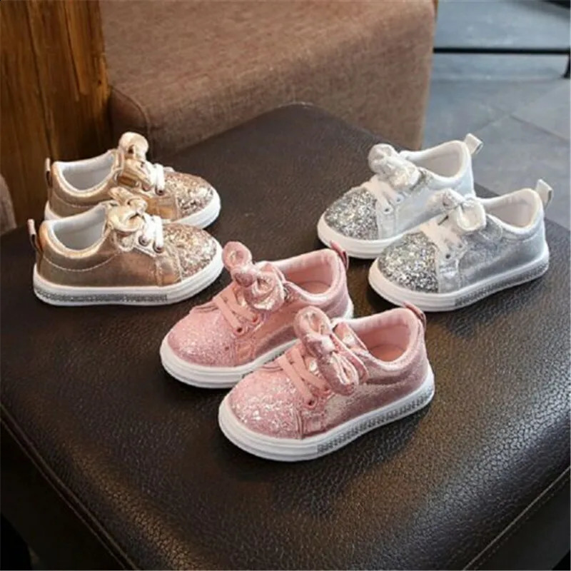 Toddler Girls Soft Sole Sports Shoe Sequins Casual Sneakers For Infant Girls Cute Bowknot Shinny Shoes Baby Girls First Walkers 241223