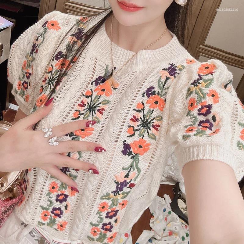 Women's Sweaters Vintage Elegant Embroidered Knitted Sweater Tshirt Women Summer Sleeve O-neck Tops Pullovers Stylish Fashion Chic