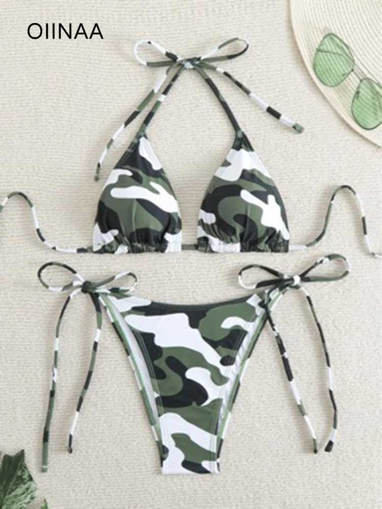 OIINAA Sexy Swimwear Women Bikinis Set Camouflage Printed Two-pieces Female Swimwear Lace Up Fashion Bathing Beachwear HolidayXJ241223